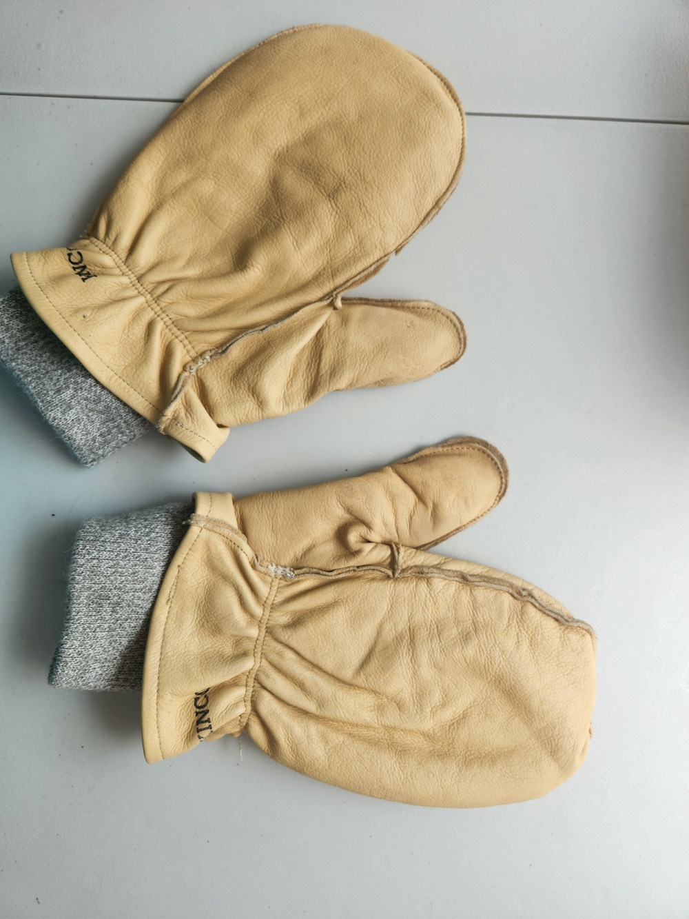 Leather Mittens with Knit Inserts, Tan